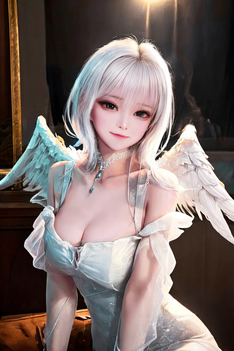 18-year-old girl,Silver long hair,Blue Eyes,Long eyelashes,White skin,Big eyes,Very, very, very large, unbelievably huge breasts,((3D anime style)),A revealing white dress,white shining wings,