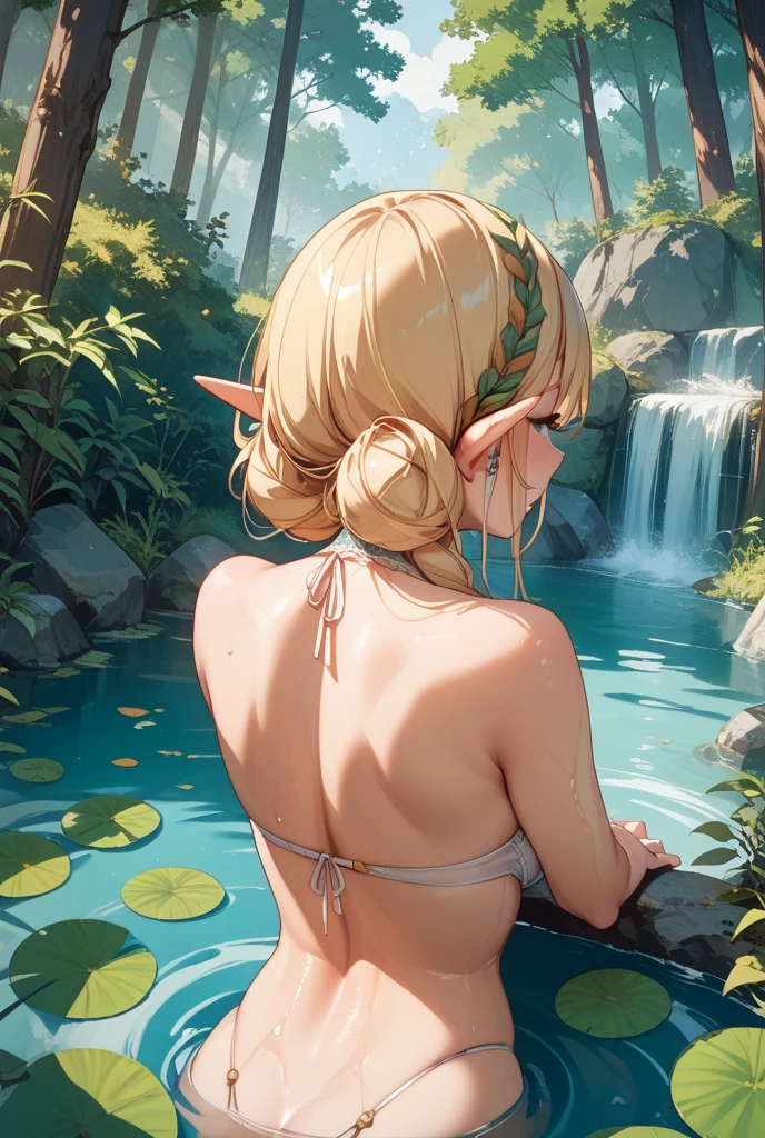 Beautiful elven women bathing and frolicking in a lake surrounded by greenery、Close-up