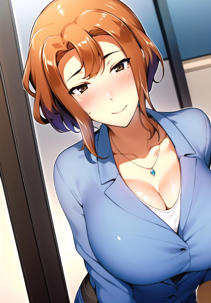&lt;lora:mika_iizuka_v1:0.8>mika_iizuka, small breasts, twintails, locker room, white shirt,  upper body, smile, purple eyes, blue bra, unbuttoned, masterpiece, best quality