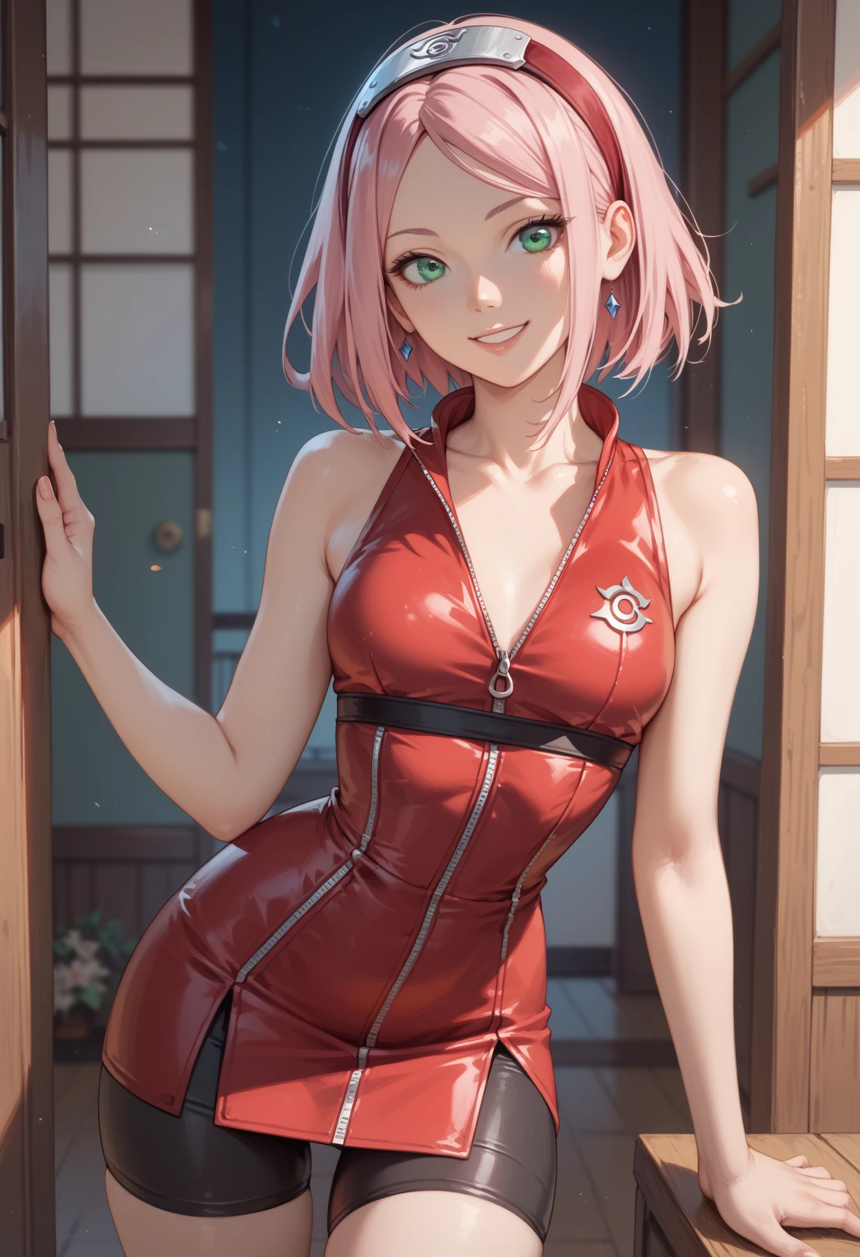 tmasterpiece, Best quality at best, 1girll, Sakura Haruno, Large breasts,Off-the-shoulder attire,upperbody closeup),Raised sexy,is shy,ssmile,with pink hair, Green eyeballs:1.4), Forehead protection, pulled down zipper, (prostitute clothes:1.5), alley, prostitute, deep cleavage, slutty, slutty clothes, fishnet, see-through shirt,