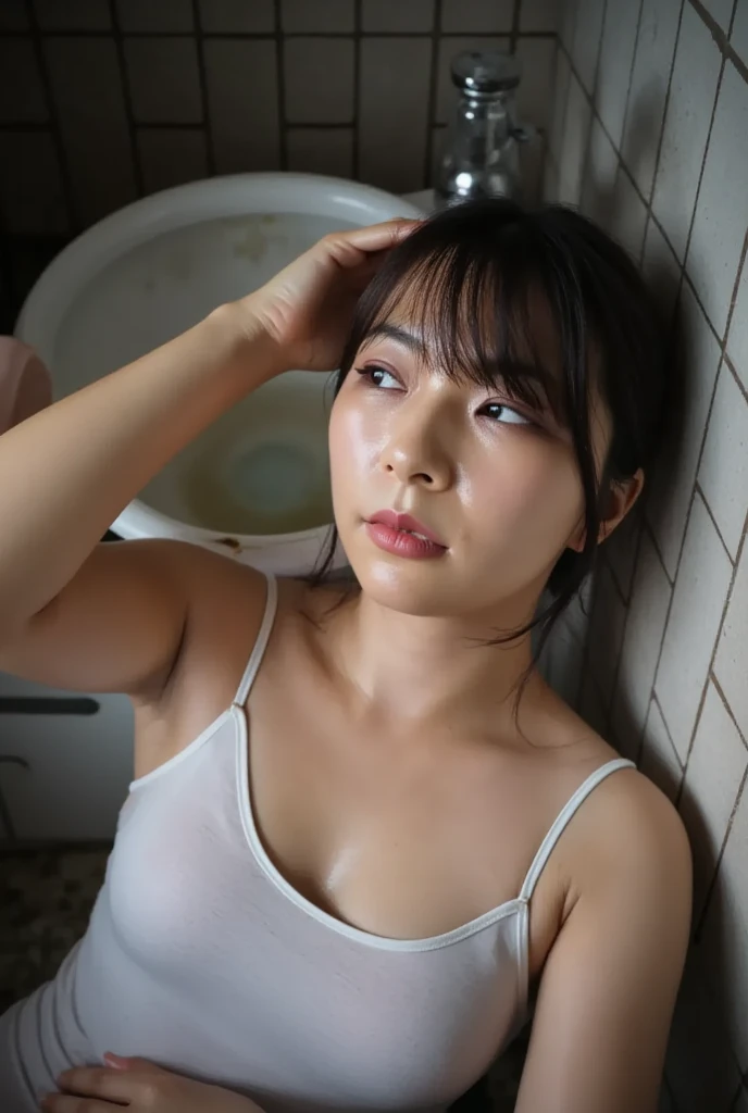 table top, highest quality, figure, Super detailed, finely, High resolution, 8k wallpaper, Perfect dynamic composition, a young asian idols woman, detailed and beautiful eyes, Natural lip color, small breasts, shortcut、 (Wearing a highschool uniform)、clear white skin、super realistic photos、beautiful face、 (wet by venom on body)、bathroom、See-through、on the bath up、Angle from above、((close your eyes:1.4))、((chubby:1.3))、((wear a police mech:1.1))