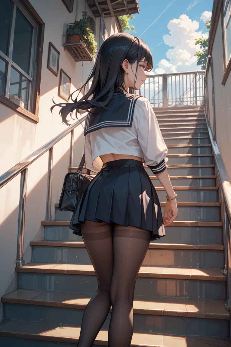((of the highest quality)), ((masterpiece)), (be familiar with),  High school girl riding an escalator on the way to school.、staring、navy blue jacket、mini skirt、Navy blue socks、back view、undercover photography、(view from below)、Navy blue socksのクローズアップ、sleeve panel design、cartoon styleanga、Station escalator、Everyone lines up to the left、顔のみのコマとback viewのコマ