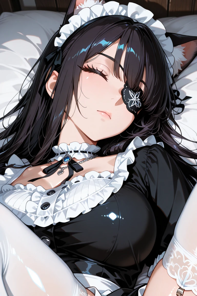 ((blood droplets)), ((blood)), ((blood splatter)), ((blood on clothes)), ((blood stain)), Masterpiece, Beautiful art, professional artist, 8k, sleeping expression, showing teeth slightly, very detailed face, Detailed clothing, detailed fabric, 1 girl, View from above, lying on the ground, BIG BREASTS, perfectly drawn body, pale skin, tired expression, beautiful face, long black hair, Closed eyes, pink cheeks, choker:1.6, (white long sleeve button down shirt with white collar), black gloves, gloves that cover hands, (black leather corset), (shiny black leggings), Sensual Lips, dark forest, Atmosphere, fog, At night