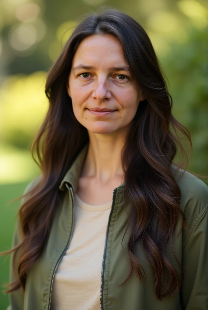 Marie-Rose Nevena Malý is a 50-year-old French woman with a height of 5'2" and a weight of 161 lbs. She has a bra size of 36C, a face shape of oval, eyebrows that are arched and thin, and eyebrow color of dark brown. Her eyes are hazel, her eye color is green, her nose is slightly upturned, her mouth is full and expressive, and her lip color is a natural pink. Marie-Rose has shoulder-length wavy hair that is a mix of gray and brown, and her hair color is mostly gray. (She wears a white button-down shirt, a black pencil skirt, black stockings, and black pumps.)