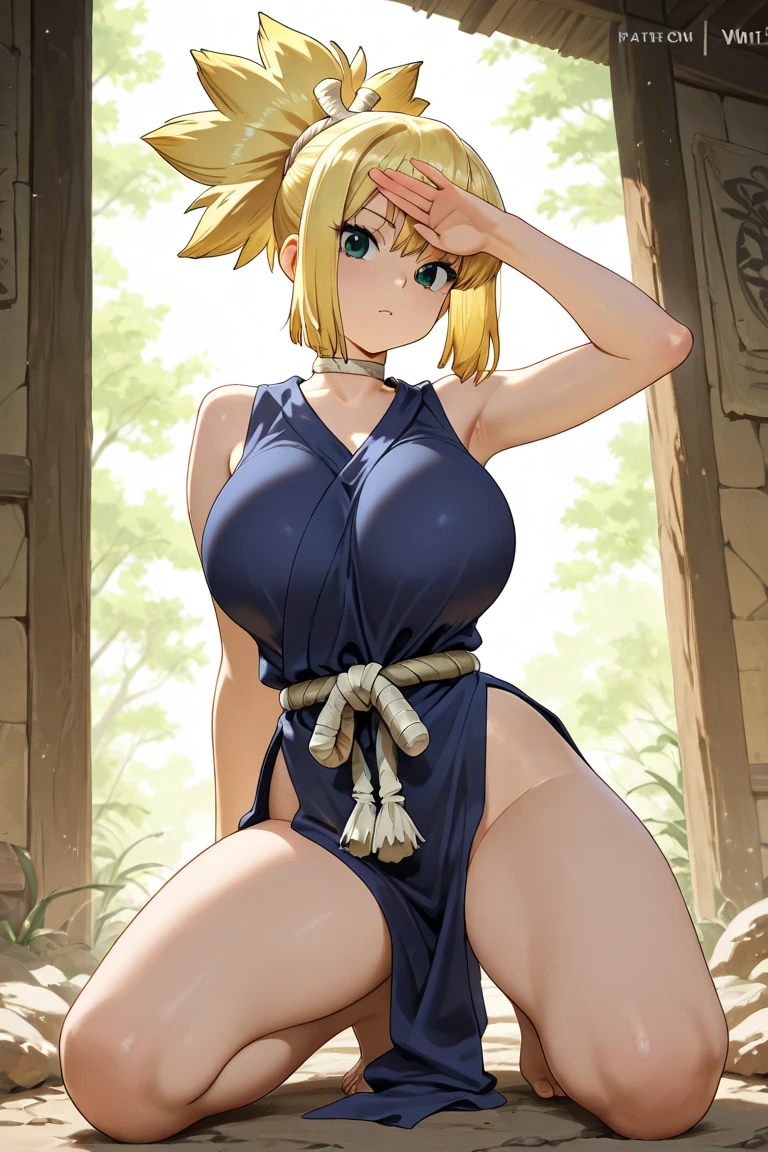 standing, hands on hips, blush, smiling, wink, <lora:kohaku-lora-nochekaiser:0.8> kohaku, blonde hair, blue eyes, hair ornament, ponytail,, bare shoulders, blue dress, choker, dress, rope, rope belt, sleeveless, sleeveless dress,