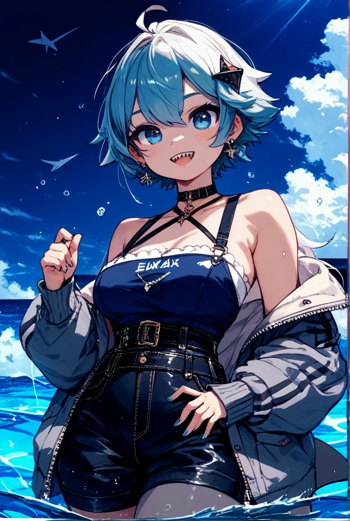 (NSFW:1.2), (8K, Raw photography, Top image quality, 巨作: 1.4), ultra high def, (Realstic, photorealestic: 1.48), 1girls, Solo Focus, type moon style, Kyoto Animation Style, Short hair, (blue hairs:1.7), Blunt bangs, Hair Between Eyes, Clear eyes, side locks, White hair, Shiny hair, beautiful detailed cold face, Seductive smile, Angry, complex details beautiful and delicate eyes, Bare_Shoulders, Small_Breasts, Gray eyes, White skin, Hair Ornament, (((T-shirt))), swim ring, swimsuit, beautiful bare back, Sandals, Skindentation, collar bone, Bare_Legs, beach, Beautiful detailed sky, White sand, tree, very precise details, absurdist, Extremely detailed, 16k wallpaper,remrezero
