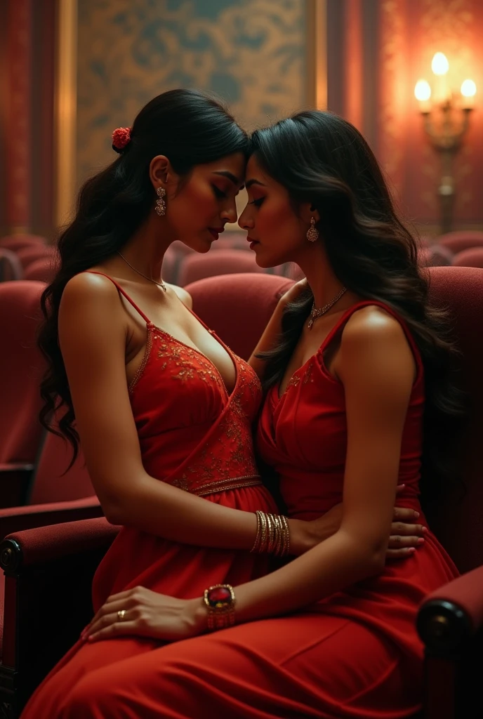 A scene featuring an Indian couple Yuri on a cozy couch - the boy sporting a striking red dress and the girl adorned in a vibrant yellow dress. They are engaged in a passionate embrace, with the girl on top, straddling him. The atmosphere is intense and intimate, with bold orange lighting casting a sultry glow. Their embrace is charged with desire as they exchange a heated kiss, creating a moment of palpable sensuality and raw connection.