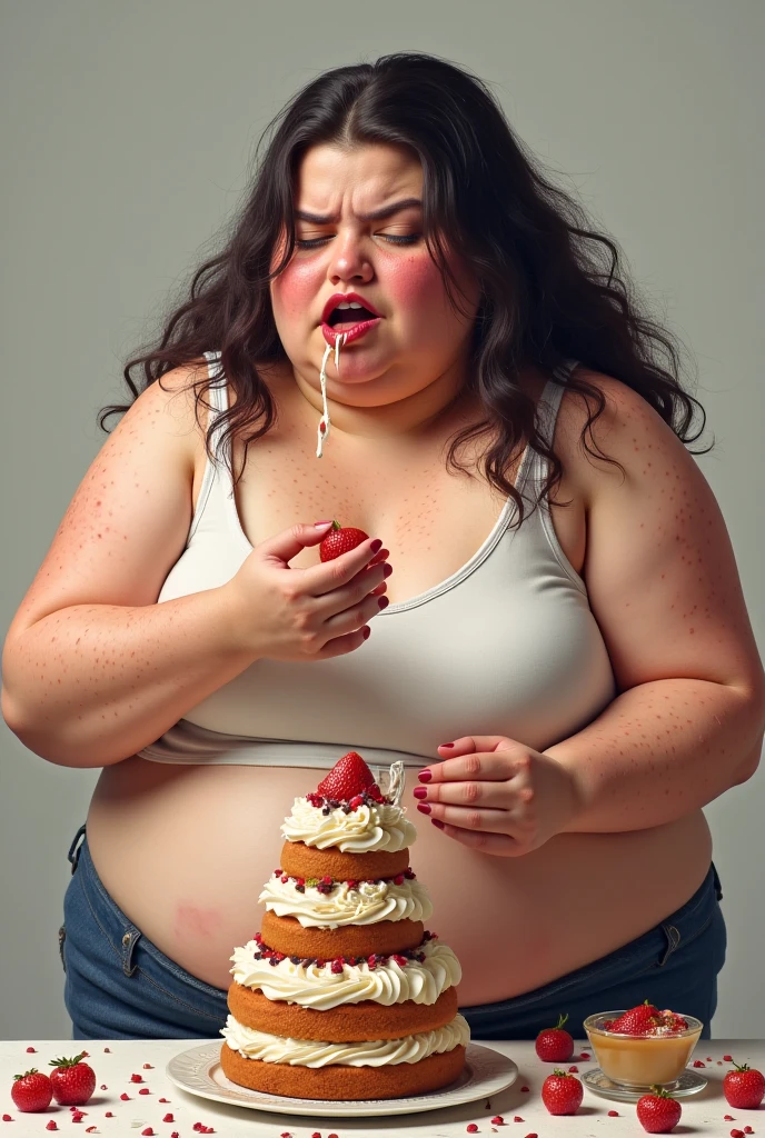 A very big fat girl eating lot of foods on the table leaning helplessly on her chair 
Make it a black and white 