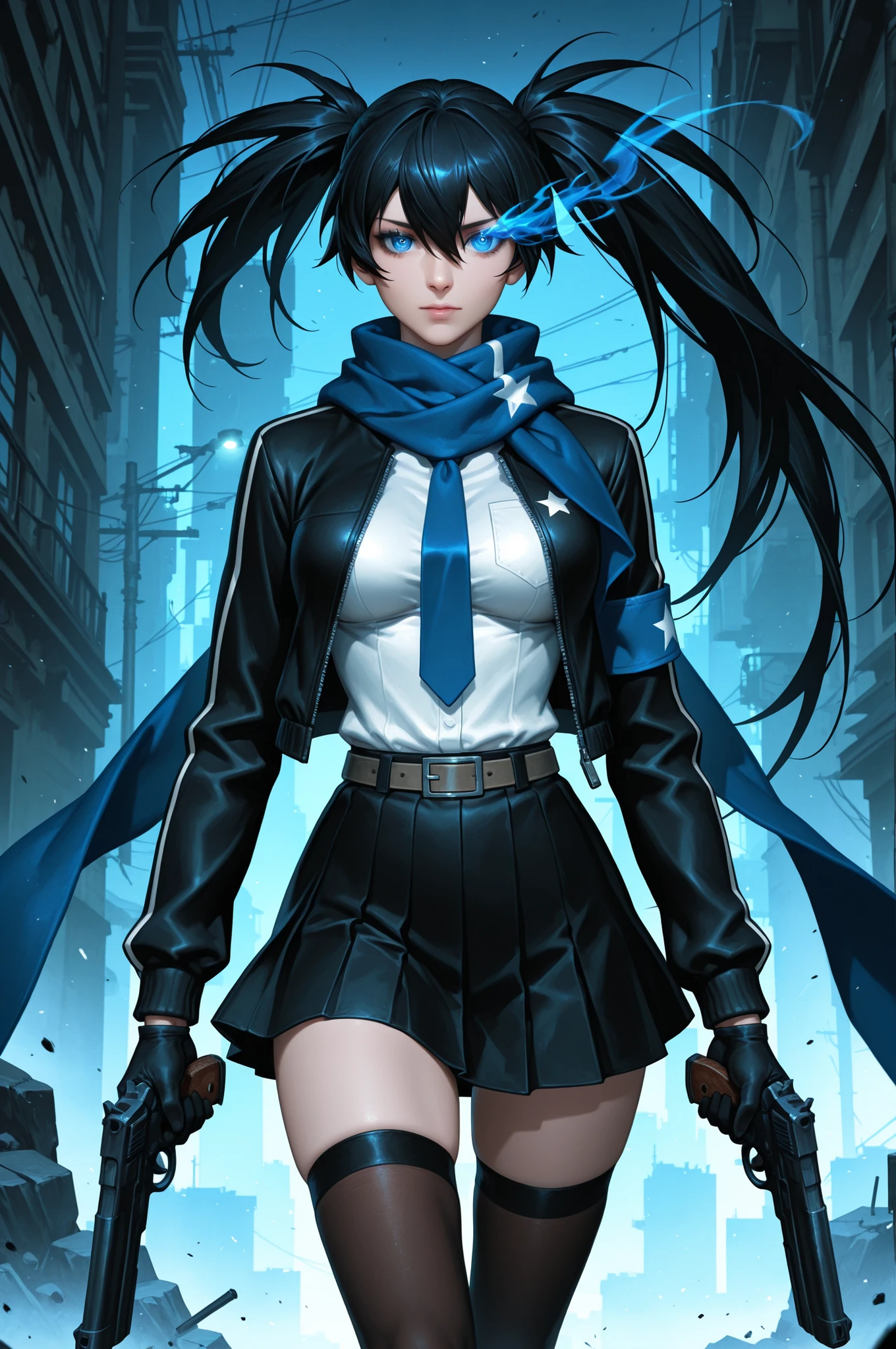 perfect quality, high quality, masterpiece, absolutely eye-catching, ambient occlusion, raytracing, newest, detailed eyes, perfect eyes, realistic eyes, (beautiful and aesthetic), very awa, newest, detailed eyes, (beautiful and aesthetic), cinematic light, 1girl, , black rock shooter (character), long hair, looking at viewer, blue eyes, skirt, black hair, thighhighs, holding, twintails, weapon, necktie, holding weapon, scarf, gun, holding gun, handgun, dual wielding