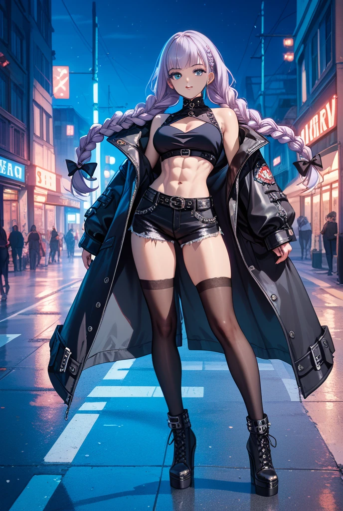 solteira, moleca de anime, curto, longos cabelos brancos, orelhas de lobo, Cauda de lobo, olhos azuis, thigh-high fishnet stockings, botas de combate pretas, vestindo jaqueta aberta forrada de pele, nu, Sozinho tomboy, just a female ((seios grandes)) Sozinho, sozinho, (Sozinho)(sozinho) coxas grossas, quadris largos, olhos azuis, olhos perfeitos, rosto perfeito, fleshy lips,camisa branca, barriga, shorts pretos cortados, rosto detalhado perfeito, (prostitution), (((prostituta))), standing, (Distrito de Redlight), luzes de neon, outdoors, fora de um bordel, tentando conseguir clientes, oferecendo sexo,