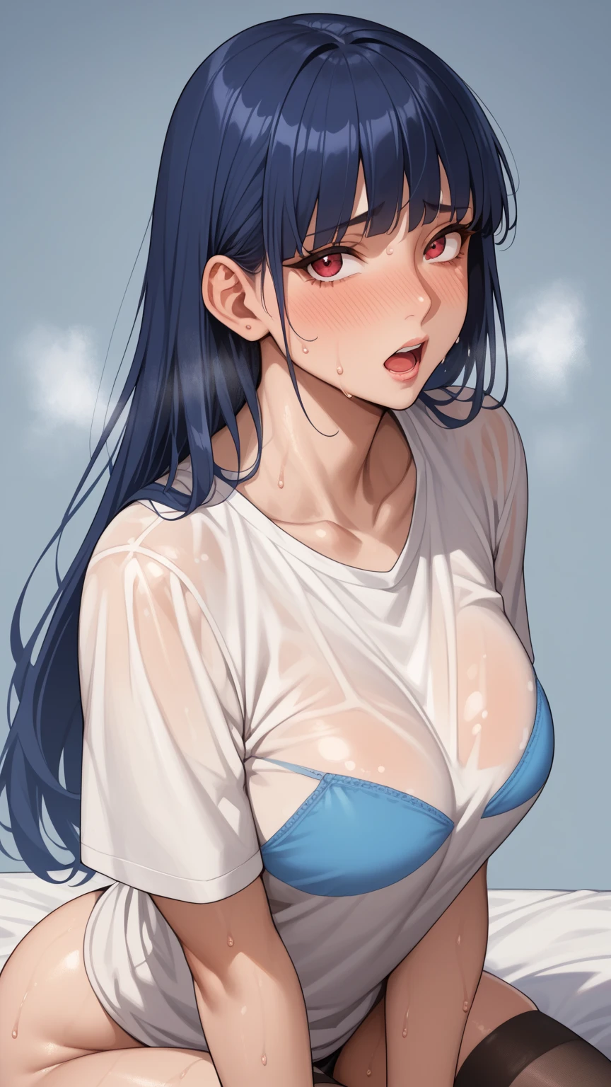 Anime Kawaii sexy Perfect Slim sensual body large breast and huge thighs, An intricate and highly detailed illustration of anime (Young girl). standing alone、high school girl、Caucasian skin、Make-up natural、Bblack hair、bangss、long straight hair、(((White short sleeve upper body t-shirt)))、(((Long, white workout clothes)))、(((Very tight bloomers)))、(((Marine Blooms)))、(((Tuck the bottom of your gym clothes into your shorts)))、breasts big、((big-ass))、(((School's yard)))、(((realistic fingers)))、(((realistic styling)))、((perfect figure))、(((vertical)))、(((rear view)))、(((Future Perspective)))