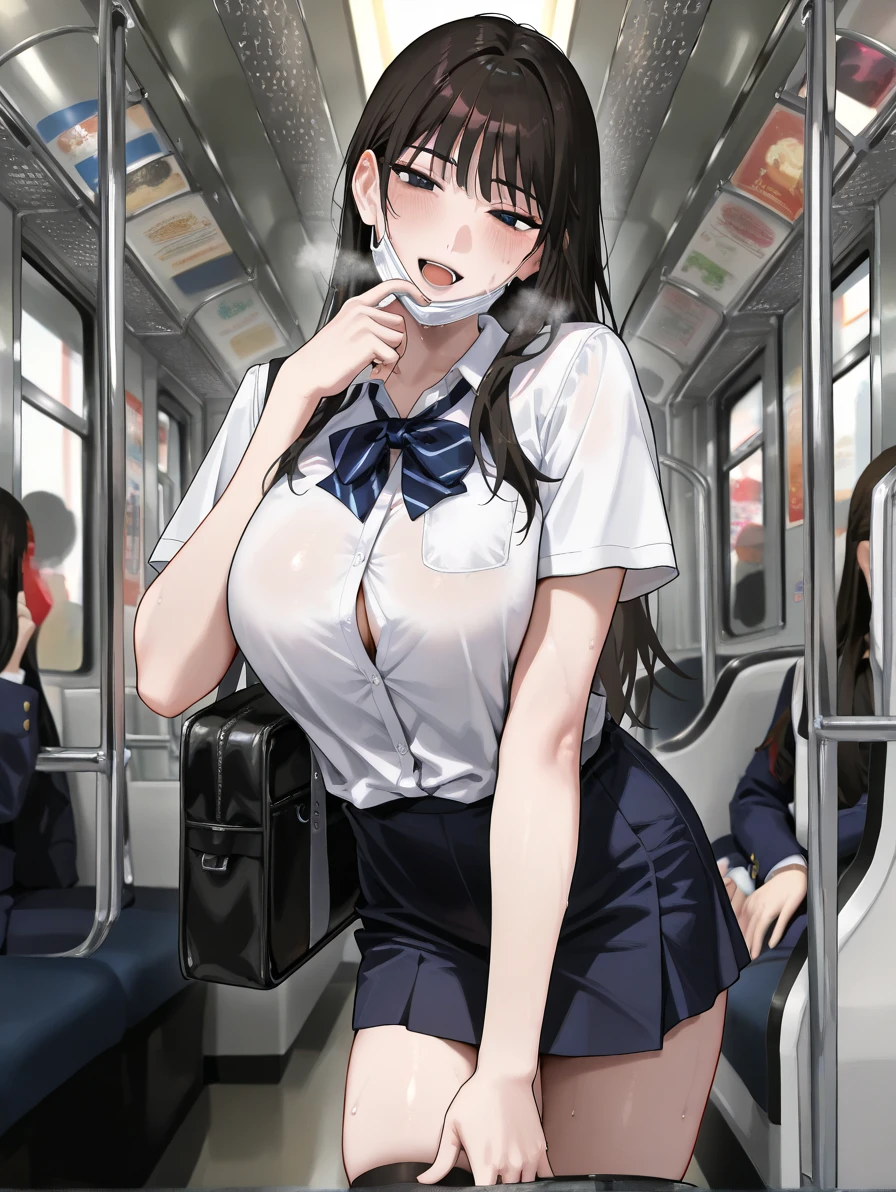 (Highly detailed CG unity 8k), (highest quality),(very detailed),(ultra high resolution), 1 female, white cloth gag, uniform, sailor suit, rope bondage, breasts rope bondage, hands back rope bondage, leg rope bondage, thigh rope bondage, (bust rope bondage:1.4), feet rope bondage, Arms behind the waist, bound wrists, shackles the ankles, gag with a white cloth, Dark blue skirt, on the train, Blindfolded, Legs together, Tie your ankles, Black Hair, high school girl, (Black Stockings:1.4), (black garter belt:1.4), Brown Loafers, Crying face, (White headband:1.4), Blur the background, Dripping with saliva, Stuffing a white cloth in your mouth,