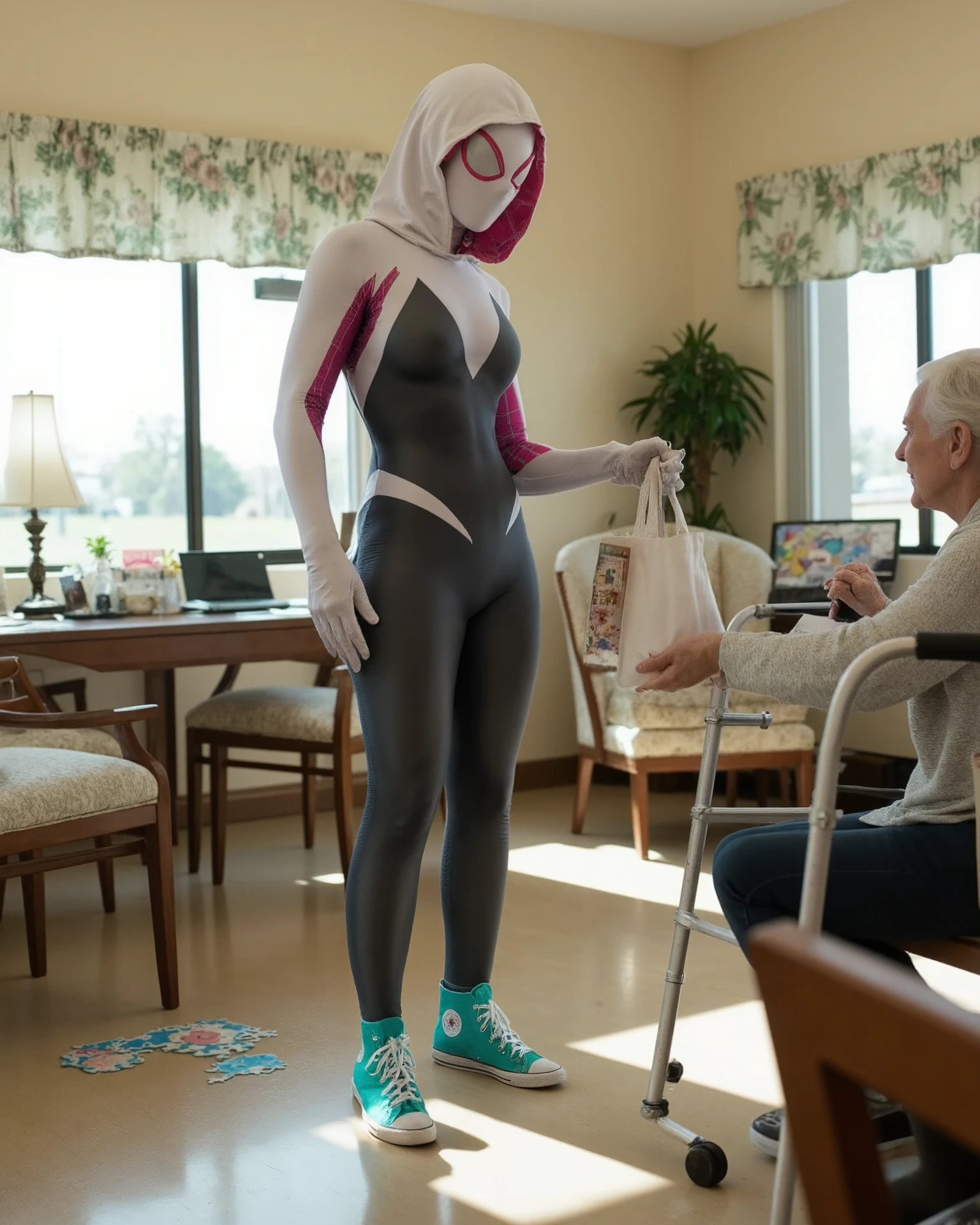 Full-body cinematic shot of a Hollie Finch, tall, slender young female with a balanced, thin physique. wearing a full Spider-Woman cosplay suit with a white hood, white and black bodysuit, pink webbed pattern on her arms, teal high-top canvas sneakers, and a white mask with pink eye outlines. She is standing in a sunny retirement facility common room, gently assisting an elderly person with a walker. Her posture is caring and attentive — one hand supporting the walker, the other offering a small tote bag of groceries. The background features cozy chairs, a snack table, jigsaw puzzles, and floral curtains. The vibe is wholesome, humorous, and surreal — a superhero in full costume casually helping out in a real-world setting. Natural lighting, warm tones, and soft realism highlight the sincerity of the moment despite the costume’s comic-book flair.
