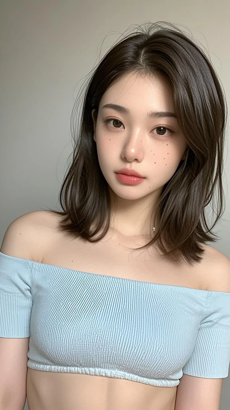 (Best quality, 8k, 32k, Masterpiece, UHD:1.2),Photo of Pretty Japanese woman, large breasts, upper body,face focus,oversized_sweater, necklace, simple background, from above, looking at viewer,