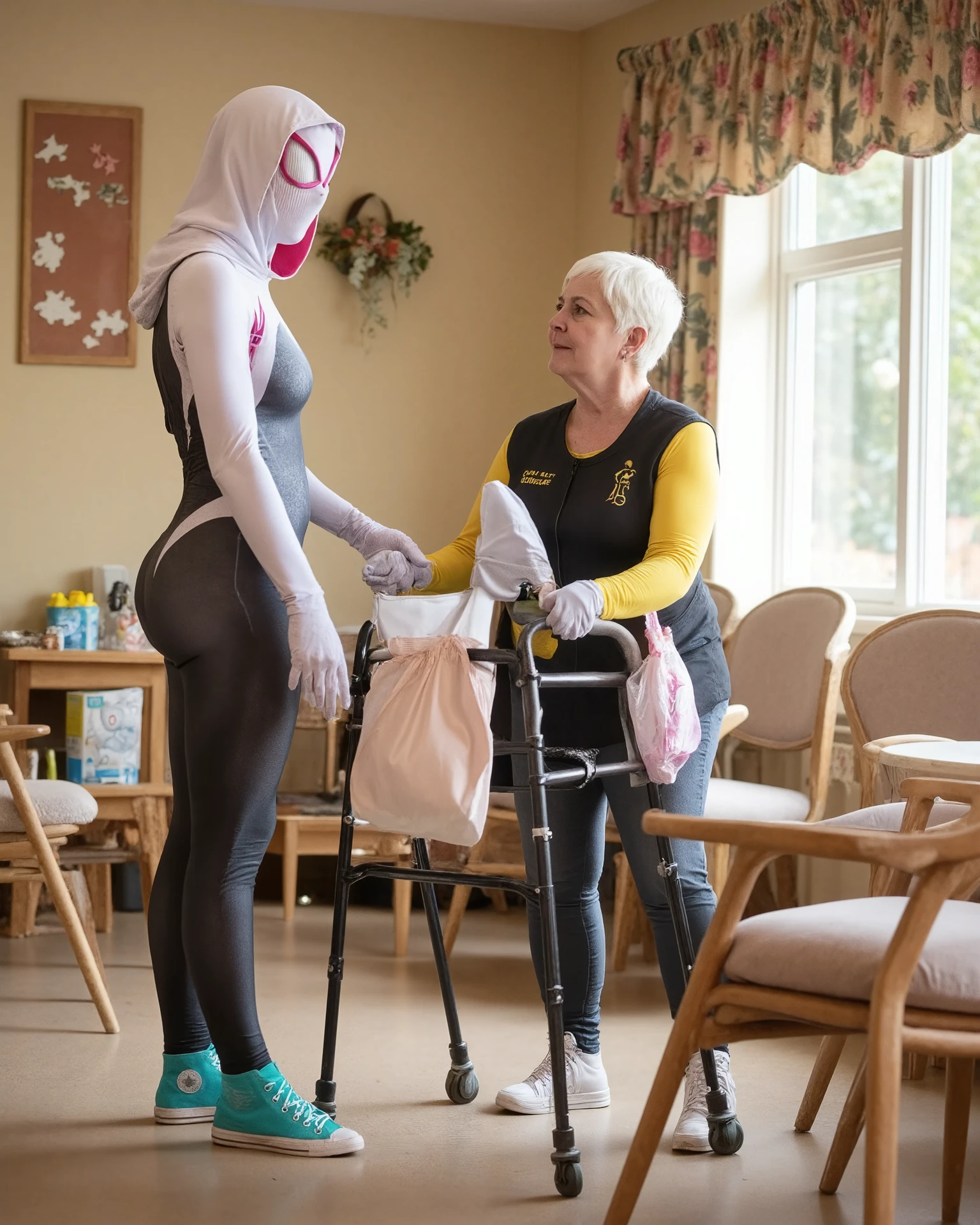 Full-body cinematic shot of a Hollie Finch, tall, slender young female with a balanced, thin physique. wearing a full Spider-Woman cosplay suit with a white hood, white and black bodysuit, pink webbed pattern on her arms, teal high-top canvas sneakers, and a white mask with pink eye outlines. She is standing in a sunny retirement facility common room, gently assisting an elderly person with a walker. Her posture is caring and attentive — one hand supporting the walker, the other offering a small tote bag of groceries. The background features cozy chairs, a snack table, jigsaw puzzles, and floral curtains. The vibe is wholesome, humorous, and surreal — a superhero in full costume casually helping out in a real-world setting. Natural lighting, warm tones, and soft realism highlight the sincerity of the moment despite the costume’s comic-book flair.