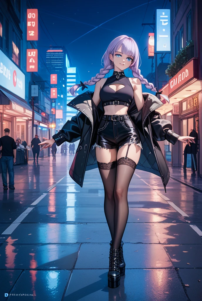 Woman in black stockings and heels,young and cute girl, wearing in stocking,Sexy Girl, Lovely woman, pantyhose, 8K,top-quality、超A high resolution、女の子1人、Futuristic bodysuit、Black Choker、(huge-breasted:1.2)、, Pink short hair, bunnygirl, Photo, background is city at night,Live action,japanes,独奏,Beautiful expression,