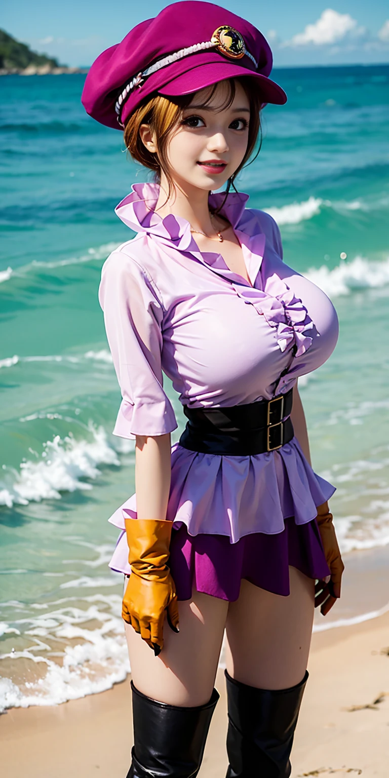 (kanna), realistic, 1girl, solo, twintails, serafuku, white shirt, pleated skirt, miniskirt, blue jacket, callared shirt, bowtie, cleavage, navel, (face focus), (o-ring:1.2), jewelry, necklace, belt, golden chain, thighhighs, heart shape, elbow gloves, looking at viewer BREAK masterpiece, best quality, parted lips, beautiful lips, makeup, eyeliner, mascara, glowing skin, mature figure, voluptuous body, shiny skin, oily skin, mature women, gigantic hanging ???????, seaside, beach, blue sky