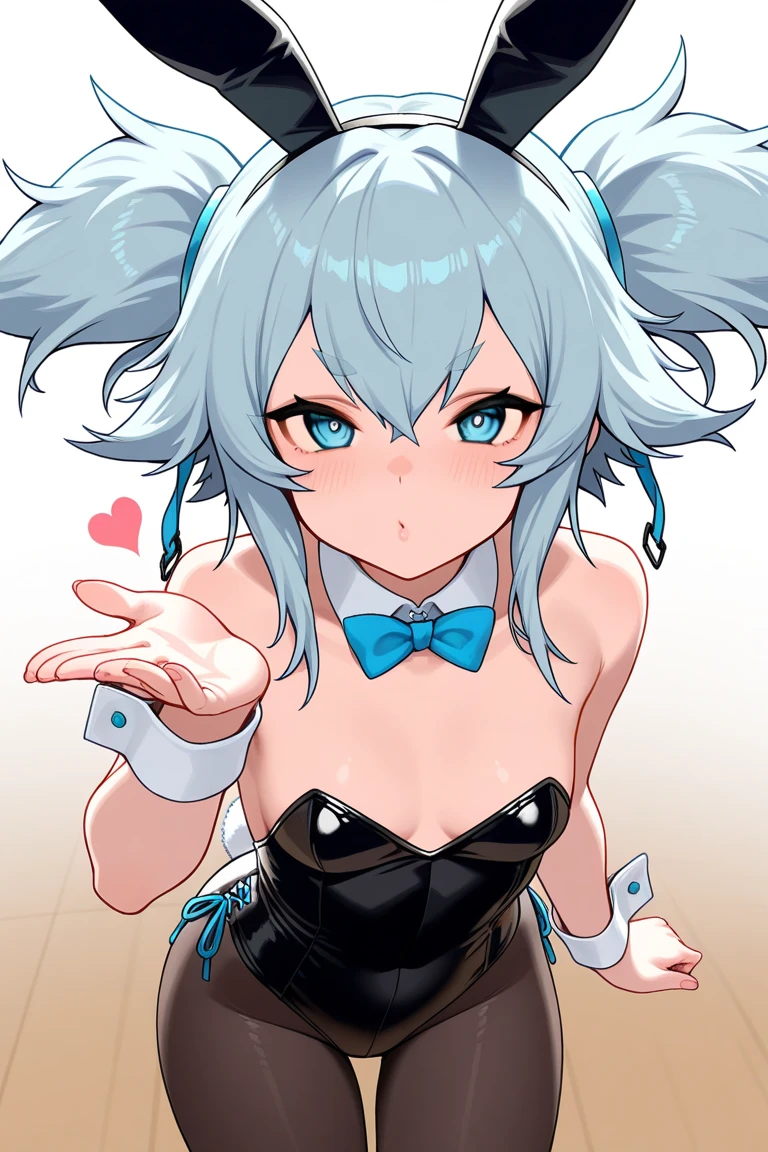 (finely best quality illustration:1.2), (kawaii girl:1.0), (1girl, solo:1.0), (blue hair, 2 horns:1.0), (playboy bunny, rabbit ears, bare shoulders, bare arms:1.0), ((embarrassed:1.5), open mouth, (:D:0.8), (crying:0.2):0.65), (ganyudef:0.85), (upper body:1.1), (white background:1.0), (ultra-detailed, highres:1.0),