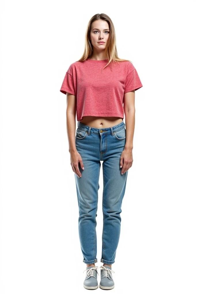 Image captured with a Sony α7 III camera, full body shot, an narrow waist, wide hips, and a full chest. The proportions are highly stylized, with a sharp contrast between the tiny waist and the expansive curves of the hips and chest, young European woman early 20's, straight jeans in light Blue color, fitted waist tee in pink color, standing, white shoes, creamy white background standing straight on the camera.
