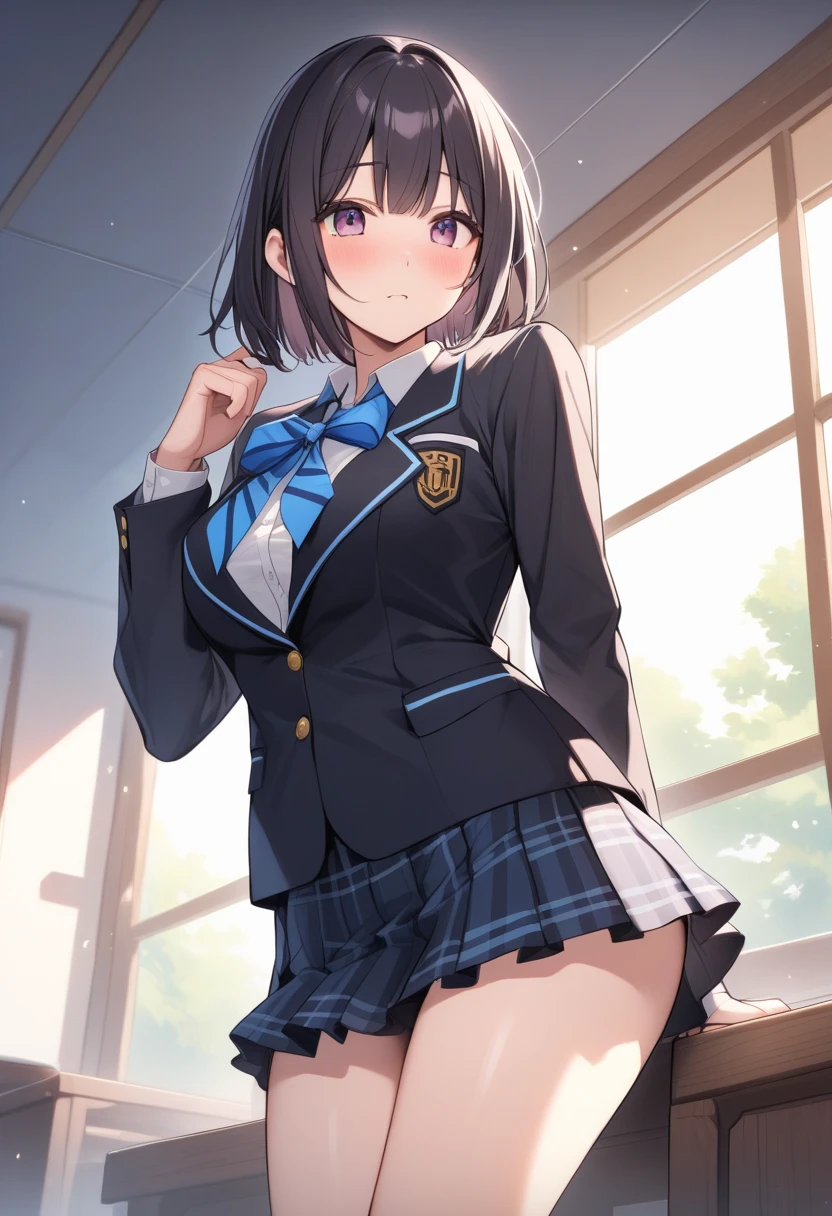 ((masterpiece, highest quality:1.2)),cowboy shot,1woman、20 year old beauty,Japanese、solo,((very small head)),short bob hair,black hair,black eyes,smile,((very long and slender body)),skinny,medium breasts,oily skin,shiny skin,Student Uniform、Dark blue blazer jacket、Blue tie、Navy blue pleated tanding,Simple desk、Simple chair、classroom、Academy、