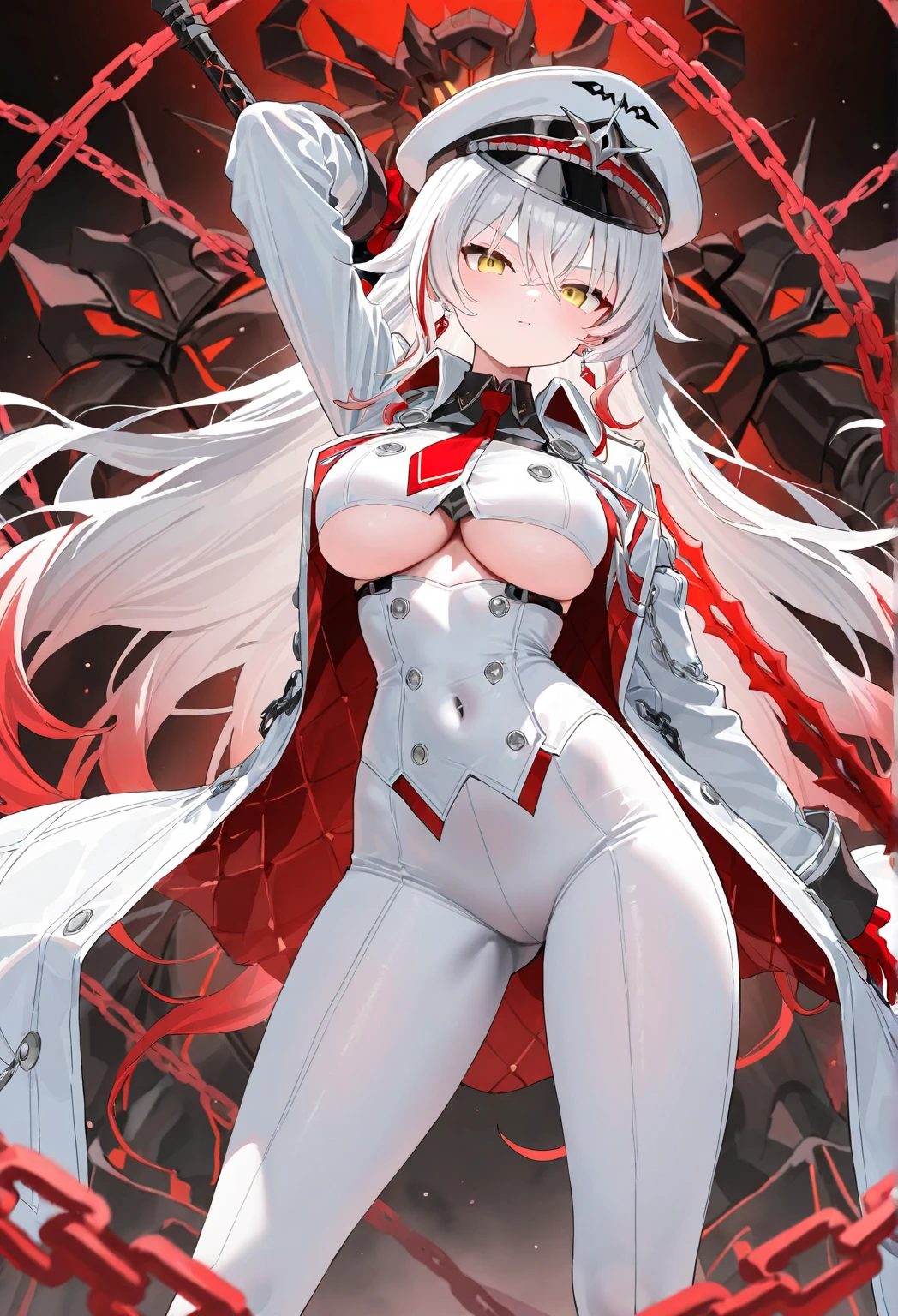 A girl, White hair , Red eyes, big chest, firm thighs, beautiful body, by the wide.
