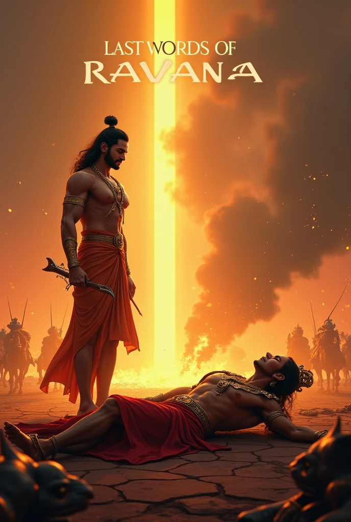 Rama standing victorious over the fallen Ravana, with a backdrop of a burning Lanka and the vanquished demon army.
Sita's Trial by Fire