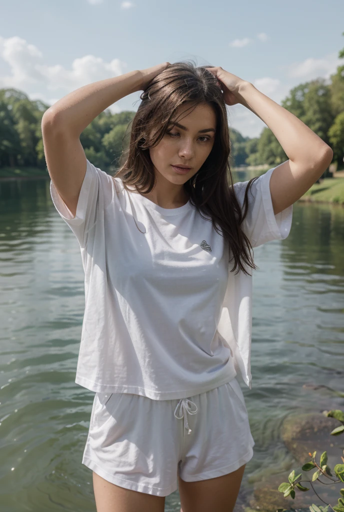 Create a very realistic and beautiful model with the following detailed features: Gender: Female, Age: Young adult (approximately 20-25 years old), Hair: Long, wavy and reddish with a natural shine, gently cascading around the shoulders and back back. . . . . . . . . . . . . . . , Eyes: Bright green with a captivating, slightly almond-shaped look, detailed with natural highlights, Skin: Fair complexion with a light texture, including natural freckles on the nose and cheeks, giving a youthful and vibrant appearance: Fair complexion with a light texture, including natural freckles on the nose and cheeks, giving a youthful and lively appearance, Face: with a smooth and natural contour, soft and full lips with a slight pinkish tint and a slightly delicate upturned nose, Expression : a gentle face, with a touch of mischief, which conveys warmth and approachability, Clothing: dressed in a white polo shirt and black sunglasses, wearing dressed in a white polo shirt, wearing a white polo shirt, a white outfit , wearing a white polo shirt and glasses, a simple white polo shirt, a silky white outfit, fashionable white clothes, a girl wearing a white polo shirt, wearing white clothes, a girl wearing a polo shirt white, Tight suit dressed in a smooth white polo shirt, wears an elegant outfit, haute couture chic, All white, Background: a lush green golf course under a clear blue sky, The background includes a fairway, a distant flag and some trees, Pose: His feet are shoulder-width apart, arms outstretched holding a golf club, showing concentration, Background includes a fairway, a distant flag and some trees, aesthetic, Unsplash, Neoclassicism, Complex background, Best quality, hyper detailed, Gratty Sita, 64K, Light design

