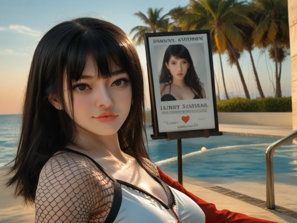 (sharp focus:1.2), photo, attractive young Jennette, (beautiful face:1.1), detailed eyes, luscious lips, (cat eye makeup:0.85), (big smile:1.2), (gigantic tits:1.3), wearing (romper:1.2) on a (beach:1.2). (moody lighting:1.2), depth of field, bokeh, 4K, HDR. by (James C. Christensen:1.2|Jeremy Lipking:1.1). ,<lora:Jennette:0.2>