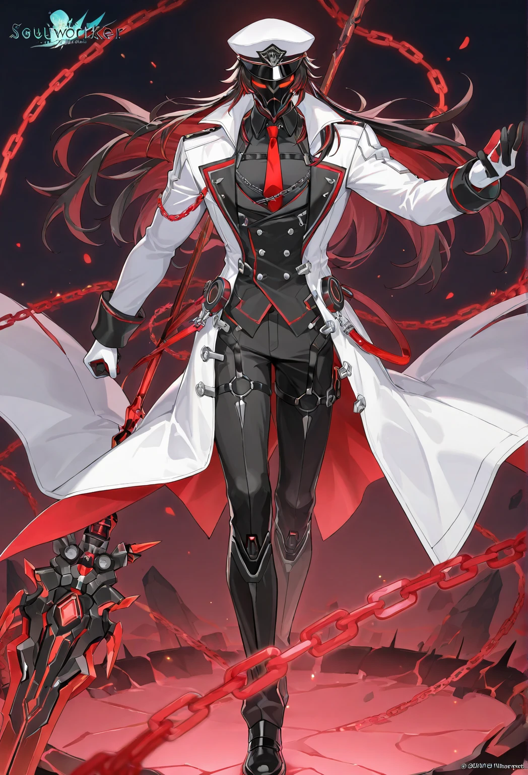 ((Best quality)), ((masterpiece)), (detailed: 1.4), (Absurd), Fighter pilot (((Muslim woman wearing long dark red dress face covered)))), (((back))), ready for war, dark skin, Middle Eastern woman, sculptural body with defined muscles, closed mouth, muscular body covered by a Hoyoverse-style technological dress, Honkai Impact, Geishin Impast, technological veil covering the face, Veil covering the head, whole body covered by clothing, holding two scimitars, ((small breasts)), (violet eyes without pupils), ((very dark red and very dark green clothing)), (((white and black hair fulfilled)), (thin white stripes on the green covering the breasts), (image of a Persian sword on the arms), ((drawings of green stars on the arms)), very long eyelashes, heavy eye makeup, lots of jewelry, by mucha, niji --V5, close to real, psychopathic, crazy face, sexy pose, background with a giant Gundam style robot head, 2 piece clothing, diamond shoulder pads, pastel, centered, scale to fit dimensions, HDR (High Dynamic Range),Ray Tracing,NVIDIA RTX,Super-Resolution,Unreal 5,Subsurface dispersion, PBR texture, Post-processing, Anisotropic filtering, Depth of field, Maximum clarity and sharpness, Multilayer textures, Albedo and specular maps, Surface shading, Accurate simulation of light-material interaction, Perfect proportions, Octane Render, Two-tone lighting, Wide aperture, Low ISO, White balance, Rule of thirds, 8K RAW, crysisnanosuit
