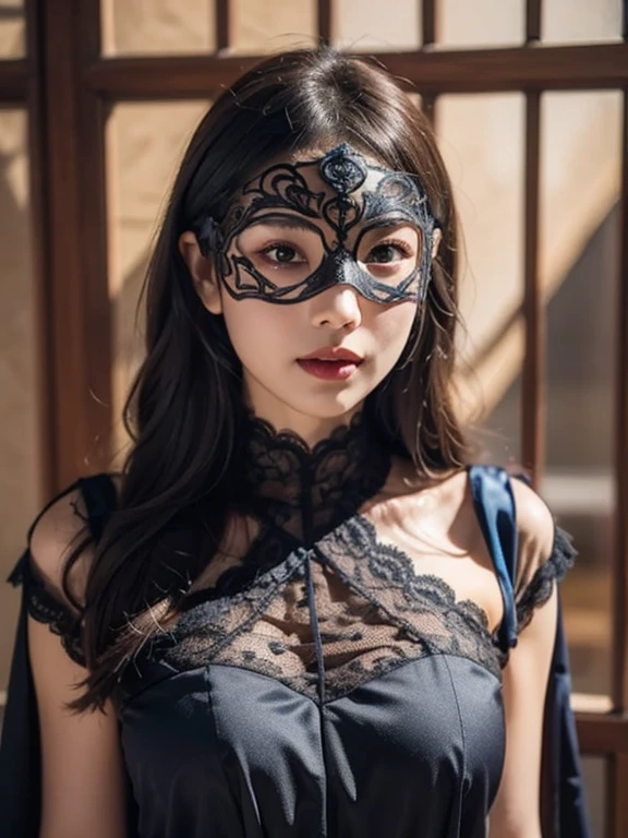 Best quality, masterpiece, ultra high res, (Cinematic Aesthetic:1.4) Photo of a beautiful korean fashion model (realistic, high resolution:1.3), girl wearing mouth veil mask, lingerie, high heels, see through outfit, tight nipples, lace gauntlet, black stocking, girl with perfect figure, super fine face and eyes, long hair, big breasts, exposed cleavage