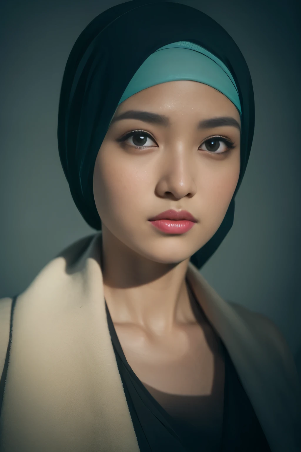 1 javanese girl , modern plain hijab, shy, medium portrait shot, Red lips, watery eyes , glowing particles, shooting from below, naked, train background, proportional body,