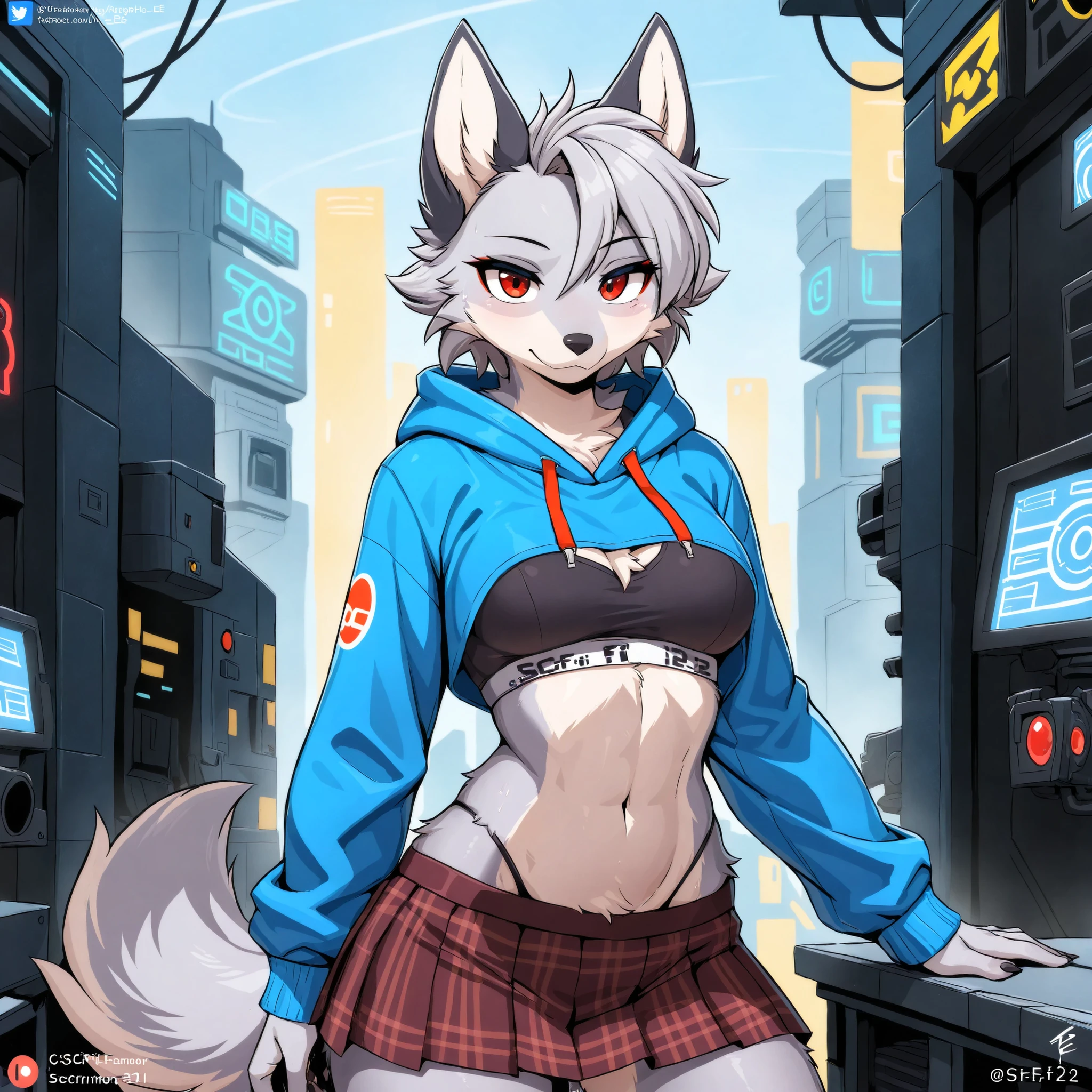 ((masterpiece , best quality)), (anthro furry:1.3 , snout:1.2 , anthro:1.3 , furry:1.2 , solo female:1.2) source_furry, rating_safe, (correct anatomy:1.1), kemono, furry wolf, anthropomorphic, female, silver fur, silver skin, red eyes, medium breasts, sci-fi clothes, (blue clothes), crop top hoodie, sports bra, skirt, micro panties, revealing clothes, sci-fi city, sci-fi theme, uploaded on e621,