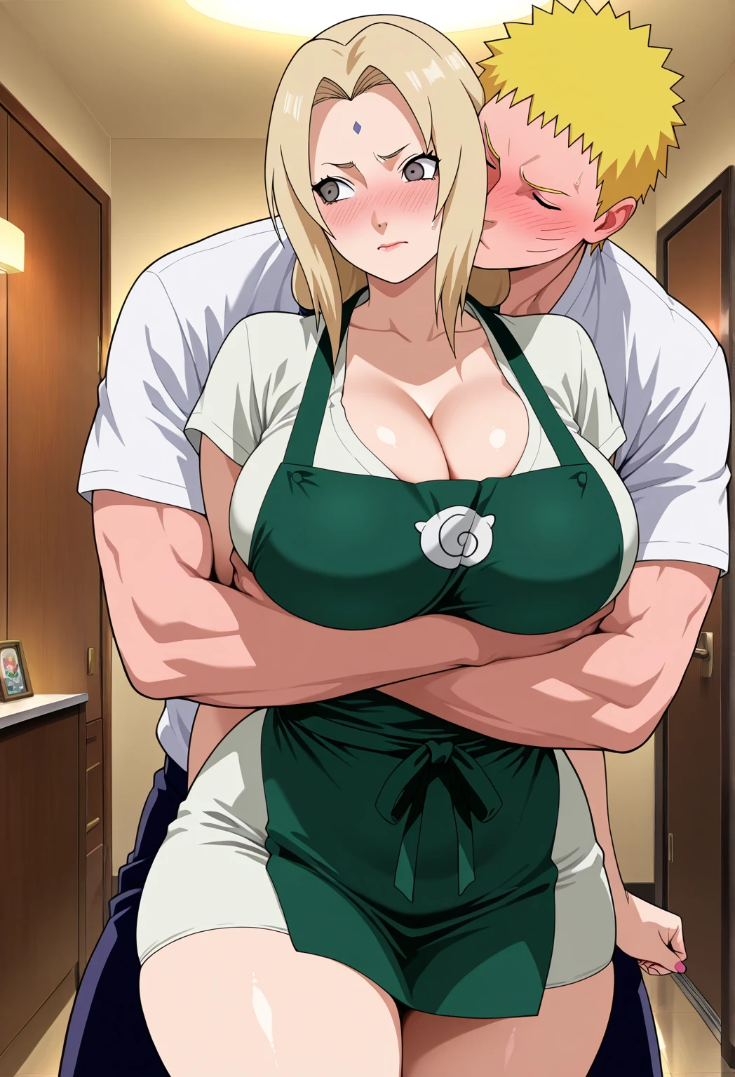 thick body female wearing open tsunade robe and open tsunade jacket (show breast and nipples hanging out), standing up from big tsunade chair angry and blushing slams hand down on office table bouncing breasts up motion lines, nsfw, show panties, male grabbing breast from behind and tongue kiss main character