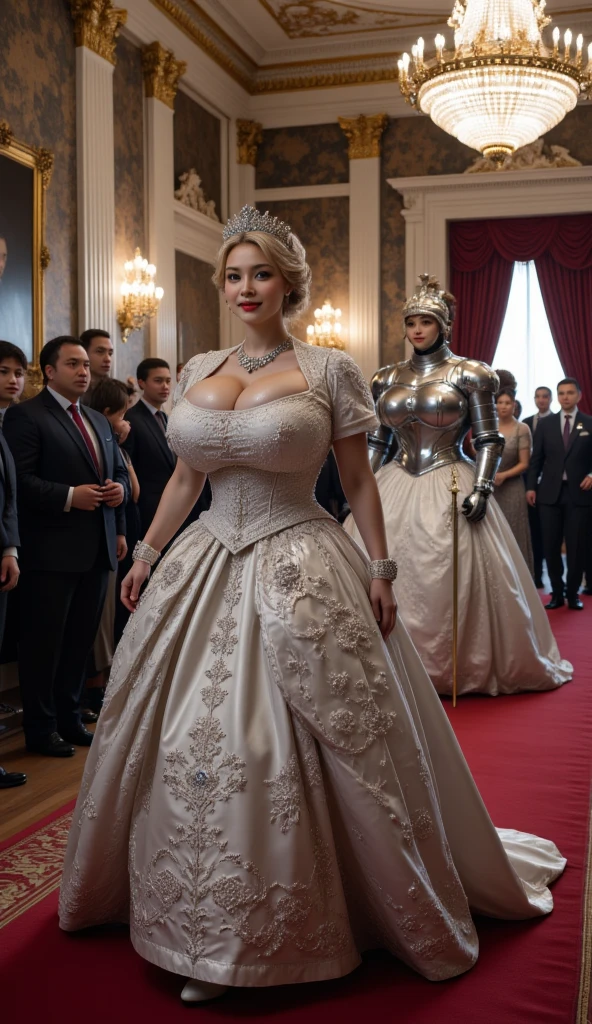 blonde young girl, bride lightly dressed, Standing in front of a group of black heavily armored knights, bavarian wedding dress, sweaty skin, toned, full-length photo, floral wreath headdress, red lipstick, 70mm lens, complex braided hair, hourglass figure, aesthetic, symmetrical, posing, (areolas:1.2), athletic, sharp, textured skin, perfect body, long hair, goosebumps, realistic, A cup breasts, detailed, slim, waist, (perfect fingers:1.2), large eyes, amused, photographed by a Nikon Z7 II Camera, photography,