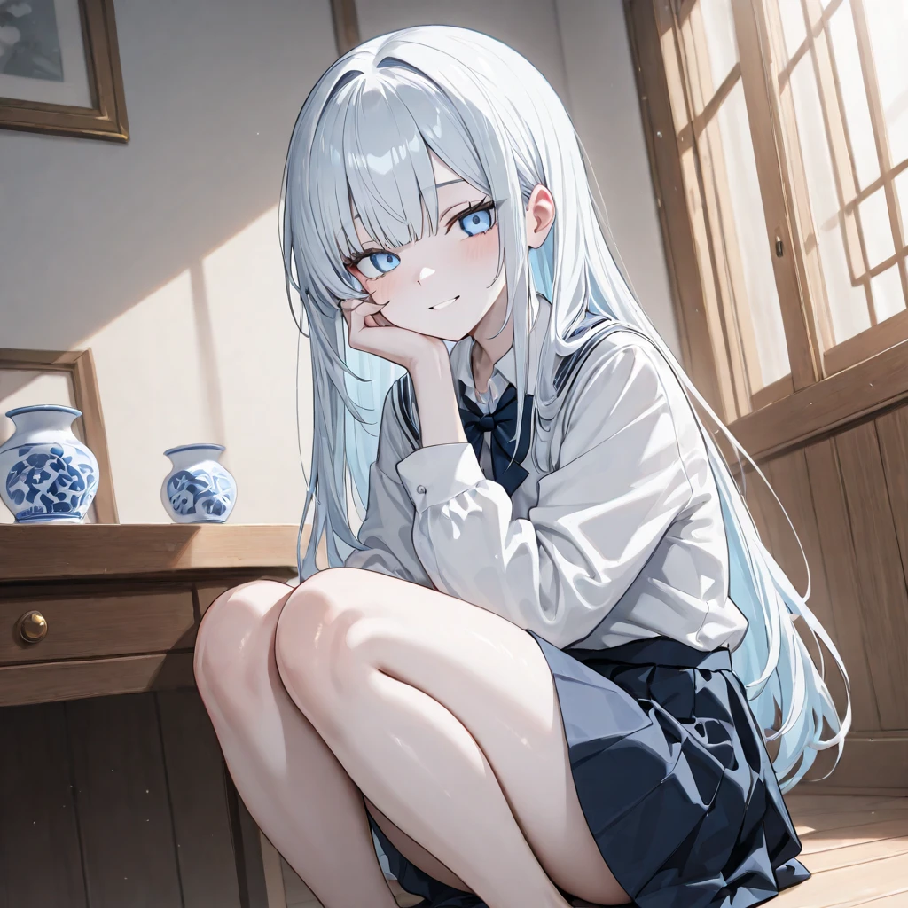 (((masterpiece:1.2, best quality, ultra detailed)), cowboy shot, 1 girl, smile, black sailor suit, long sleeves, black long skirt, ((two white lines in pleated skirt)), detailed pantyhose, (sitting chair, crossed legs), light blue inner color hair, BREAK, (delicate ash gray hair:1.1), shiny flipped medium hair, detailed pretty face, detailed eyes, beautiful thigh, curvy girl, plain clothes, dramatic lighting