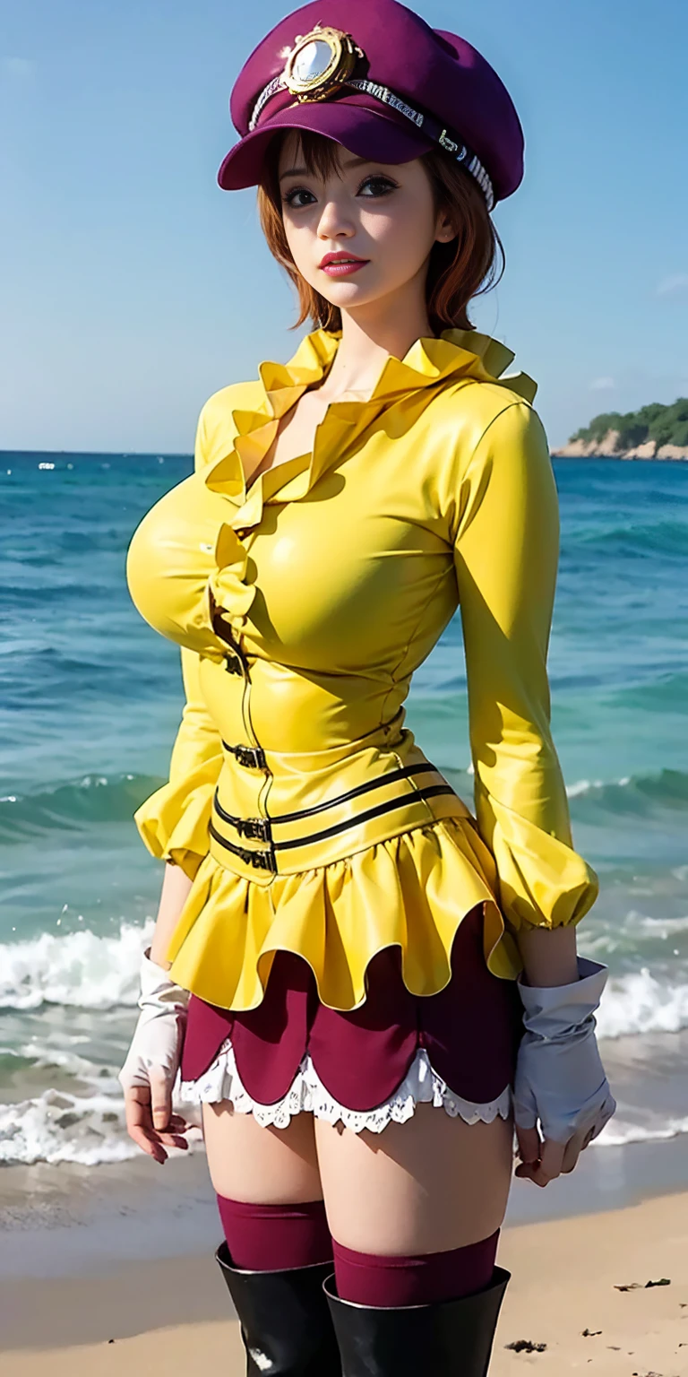 A cheerful Black woman with a big, bright smile and short curly hair laughing in the water. She is wearing a yellow rash guard and matching shorts.huge boobs. she is walking.
