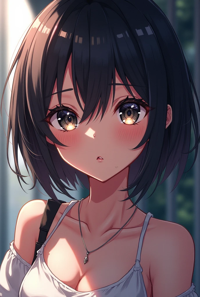 anime girl with short hair and a necklace looking at the camera, a character portrait inspired by Kanō Naizen, trending on Artstation, digital art, photorealistic anime girl render, 8k portrait render, smooth anime cg art, badass anime 8 k, 3 d anime realistic, hyper realistic anime, stunning anime face portrait, detailed digital anime art