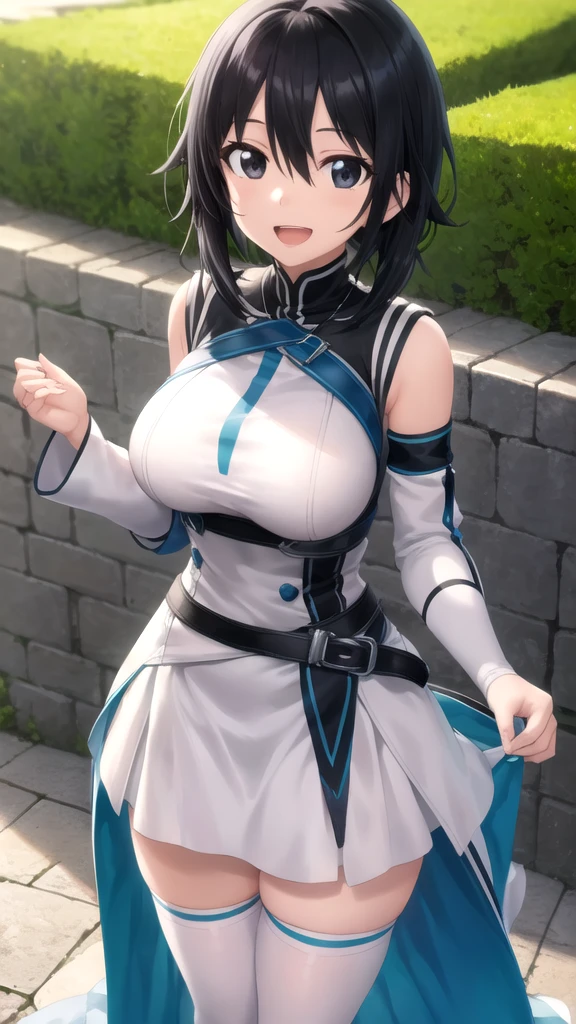 qbz95gfl, (masterpiece:1.3), best quality, high quality, absurdres, 1girl, solo, cowboy shot, white gloves, pleated skirt, black pantyhose, arms behind back, looking at viewer, light smile, cityscape, <lora:qbz95gfl_uni_prerelease:1>