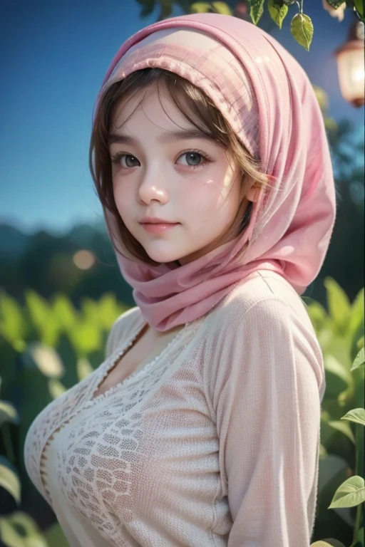 Chubby adorable, 1 girl, (face to face), 10 years old, baby face, happy, half body portrait, (face details: 1), (eye details: 1), ((big breasts)). wearing transparent transparency soft long shirt, hijab, .. Cute posed. proportional body. Ultra High Res. realistic: 1.4, UHD, (floral pattern), view from side seductive pose