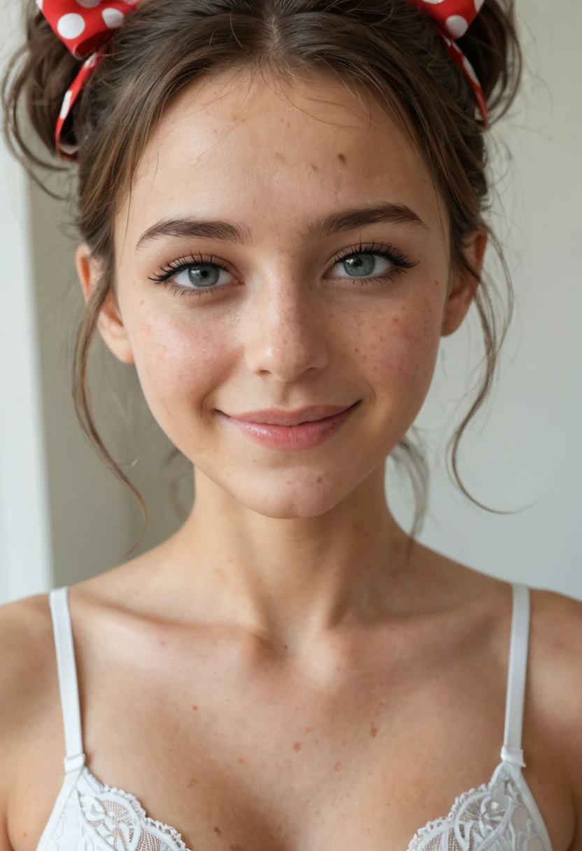 13 year old girl, sparkling eyes, freckles, pouting lips, eyeliner, elegant eyebrows, smile, messy hairbun, smiling, taking a morning selfie by the window, aesthetic, wearing an unbuttoned shirt