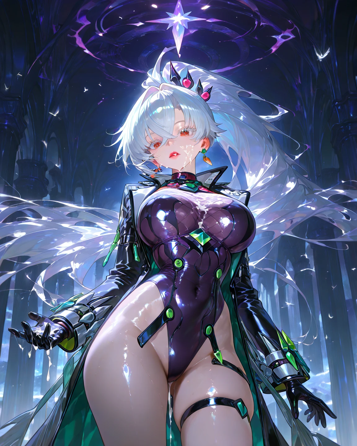 (((masterpiece))), (((best quality))), ((ultra-detailed)), (illustration), ((an extremely delicate and beautiful)), ((super detail)), ((high resolution)), (((nsfw))), ((cybernetic)), (((futuristic))), fantasy, full body, stylish, (seductive), ((erotic)), (((20 years old))), topless cloth, open cloth, metallic cloth, (pussy juice), camel toe, ultra-huge breasts, (maid), (android), (succubus), cat, ((mechanical insect wings)), side ponytail cut, data in the eyes, delicate metal decorations, gleaming skin, shiny body, two legs, middle length hair, ((female masturbation)), soaking wet, pink cloth, sea-through cloth, breast focus, lying, tall, slender legs, tail, (((big round eyes))), cute eyes, drooping eyes, not bending the knees, very light makeup, bob cut, grabbing own breast, biopunk, game cg, (dark cybernetic and futuristic background), little size nipples, (night), gloves, adult, stasis tank, right hand on the clitoris and left hand on the breast and any other hands are exist,