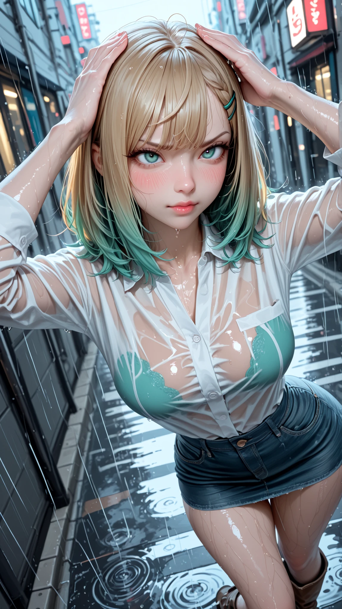 (Perfect anatomy), masterpiece, ultra high quality , 16k, masterpiece, higher quality, Ultra-high resolution, maximum resolution , ultra detailed, professional lighting, anime, so beautiful , Highly detailed 16k eye, highly detailed face,hyperrealistic eyes , Pretty Eyes , better quality, pretty face, attractive face, detailed facial test , Rotulo2, seductive face,(extremely detailed and high quality illustration),(best lighting and shading effects, high detail, medium, nice hips, perfect body, 1 girl, alone, high resolution, masterpiece, best quality, detailed CG, detailed face, detailed skin, medium breasts, nice hips, perfect body, layered hair, violet + sky blue eyes, blonde, aqua green hair, half bangs, cowlick on top of head, medium hair, long golden hair clip, uneven strands, green gradient hair, bright eyes, flirty, blushing, angry face, shiny, white button-down shirt, shirt showing through, denim mini skirt, brown high boots, on the street, posing, dynamic pose, raining, wet body, wet clothes, sheltering from the rain, covering head pose 