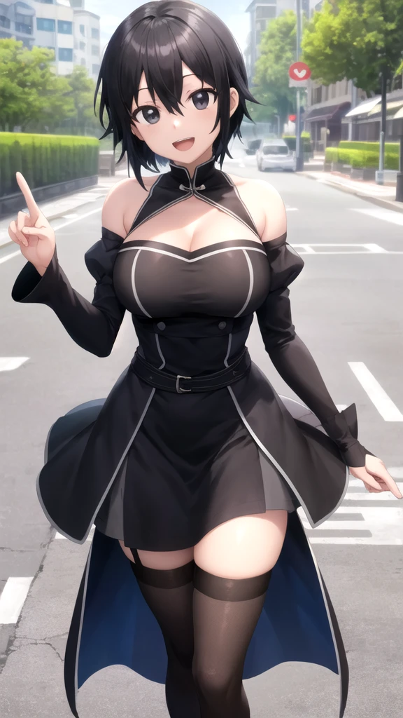 nico robin,
1girl, undershirt, underskirt, white shirt, arms behind back, black dress, black hair, black thighhighs, cleavage, collarbone, collared dress, cowboy shot, short hair, dress, leather dress, black dress, eyelashes, floating hair, full-length zipper, blue eyes, half-closed eyes, large breasts, impossible clothes, impossible dress, long sleeves, looking at viewer, microdress, parted lips, partially unzipped, shirt, solo, straight-on, thighhighs, wing collar, zettai ryouiki, zipper, frilled skirt, frilled shirt, black long boots
, ((masterpiece)) <lora:nico_robin_pre_timeskip_offset:1>
