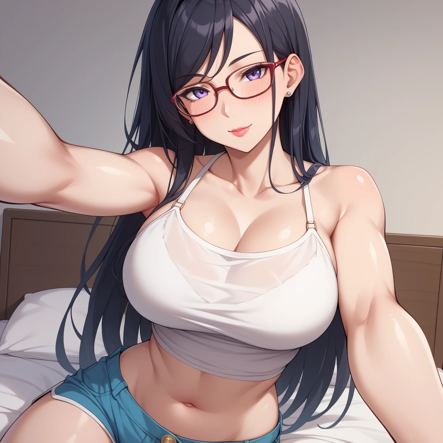 1 girl,(masterpiece) ,fair, muscular shoulders,muscular girl,Glasses, Alternative muscle size,Telephone,chest muscles, underwear, biceps,Upper body