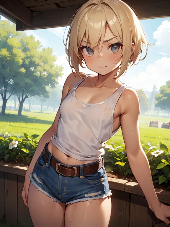 (((SHARP detail perfect face))), (flat chest), (nice hips), detailed skin, ((masterpiece)), best quality, (SHARP details), 4k, (((femboy))), (((farm))), (tight (tank top)), ((pulled down hotpants)), ((blonde hair)), sweat, (trap), amber eyes, looking at viewer, short hair, (((bulge in hotpants))), (hay), smiling, open mouth, outdoors, solo, (asymmetric hair), ((farmboy)), freckles, tanned, (nice butt), stable, ((visible femboy penis)), ((((thick thighs))))