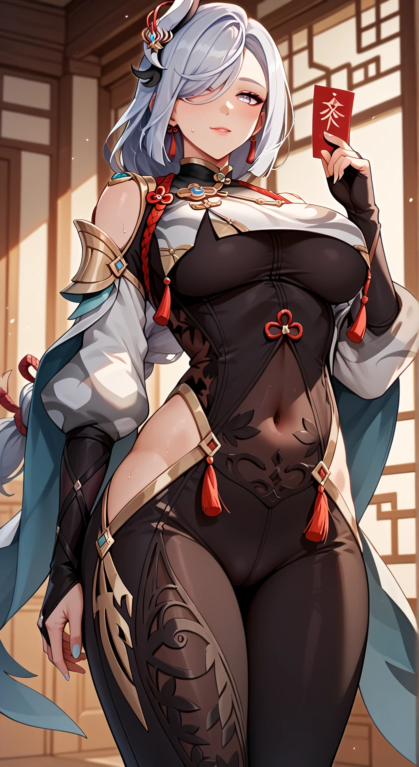 masterpiece, best quality, very aesthetic, absurdres, newest, 1girl, solo,standing_split, 
shenhe_(genshin_impact), genshin_impact, 1girl, aqua_nails, black_bodysuit, bodysuit, breast_curtain, chinese_knot, clothing_cutout, covered_navel, earrings,  gloves, grey_eyes, hair_over_one_eye, hip_vent, jewelry, long_hair, low-braided_long_hair, low-tied_long_hair, nail_polish, partially_fingerless_gloves, shoulder_cutout,  tassel, tassel_earrings, toenail_polish, toenails, white_hair,In the snowy mountains