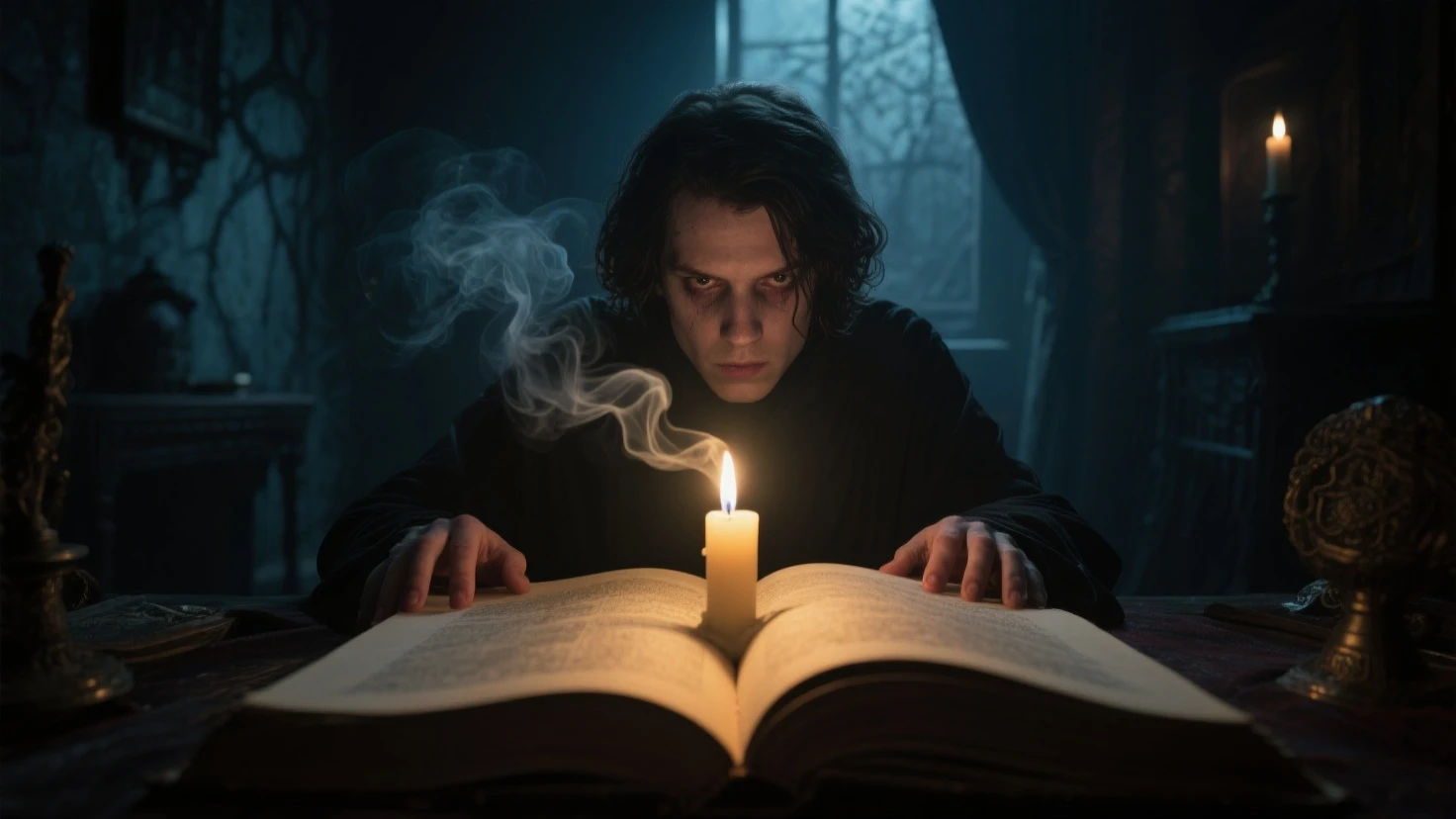 (medium full shot) of (full body shot , birdâs eye view) of twisted serial killer deciphering ancient text, detailed face, located in a horrifying scene at a haunted asylum during night with thunderstorm weather, illuminated by dim light, creating a suspenseful atmosphere, ,Masterpiece,best quality, photo, realistic, very aesthetic