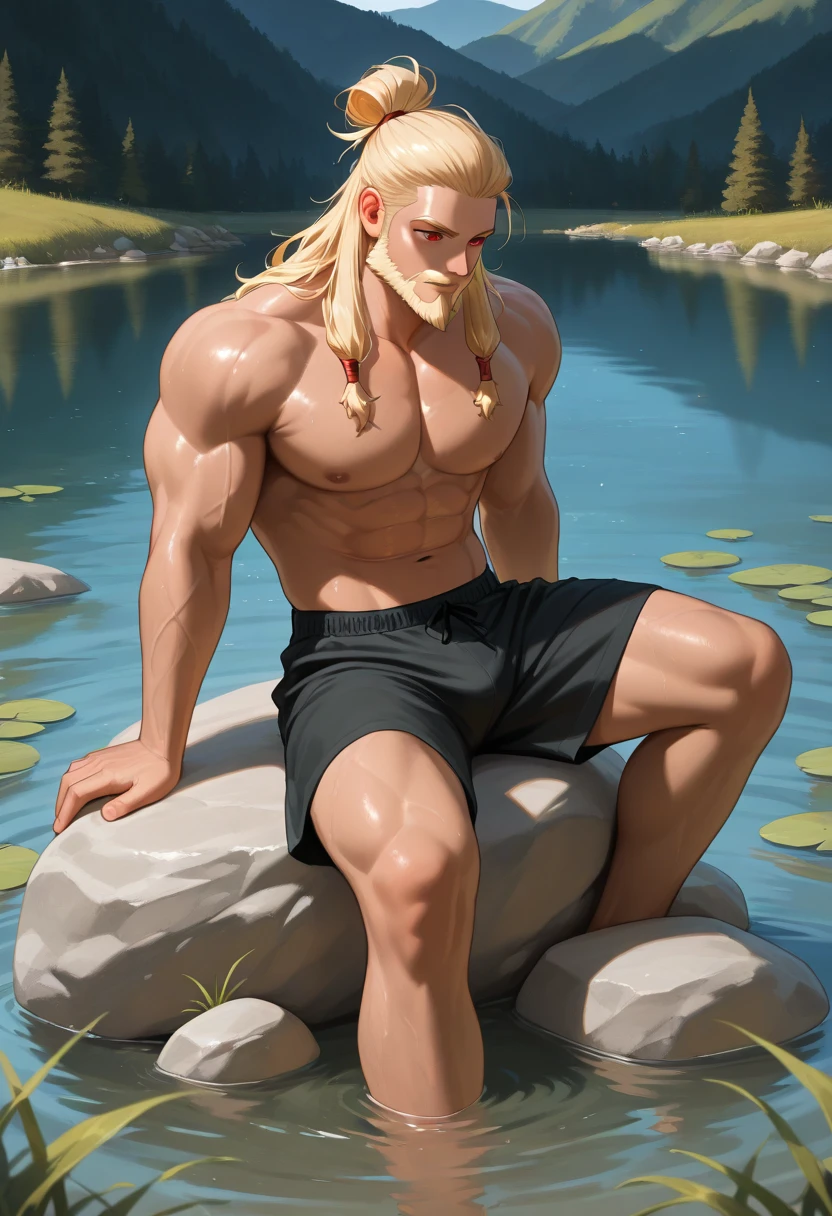 full view full body, realistic photo, blonde over-muscular super-hero young male Flash Gordon with blue eyes, preppy undercut haircut, white lycra crop-top, red shorts, in long white filthy sport socks , No Shoes, golden chains, necklaces, He rests in his white stained socks on the banks of a river framed by mountains covered with virgin forests, he admires some multicolored exotic birds flying above the water. his feet in white socks must be seen. His flying skateboard is placed nearby