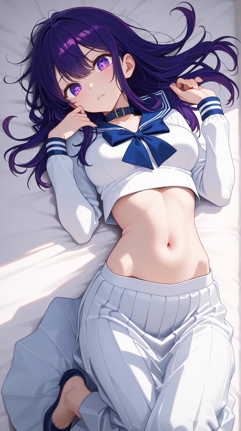 ((8K, Best Quality, masterpiece, Highly detailed)),{{{NSFW}}},Semi-realistic illustrations,Mejiro McQueen \(umamusume\),{1 girl,beautiful girl,cute,smile,kawaii, lovely,blushing,playful expression},sharp focus,oily skin,beautiful detailed hair,glossy hair,(wear school uniform:1.5),(two nipples slip from school uniform:1.2)(NSFW),erection-of-nipples,(lying on the bed:1.2),wear long school skirt,perfect two legs,(spread two legs:1.2),(show-off-white-panties:1.3),five fingers,large breaths,wear black pantyhose,beautiful detailed eyes,jewel like eyes,violet eyes, (two hands behind head:1.1),open mouth,armpits, solo,beautiful navel, looking at viewer,collarbone,earring
