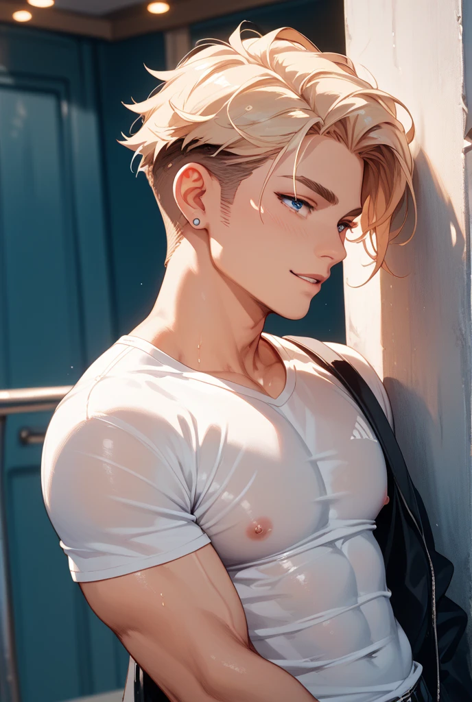 (best quality), 1boy, tanned skin, blonde hair, short hair, side bangs, beautiful hairstyle, blue eyes, perfect eyes, femboy, slender, handsome, attractive, off-shoulder_sweater, denim_shorts, thighhighs, skinny body, masculine body, masterpiece, anatomically correct, highres